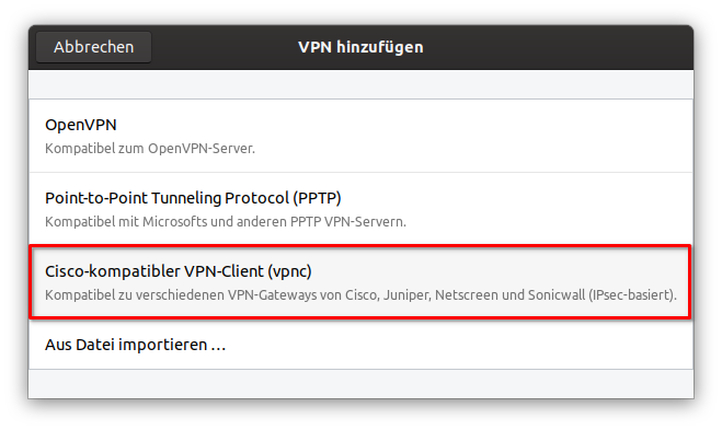 Wählen Sie "Cisco-kompatibler VPN-Client (vpnc)"