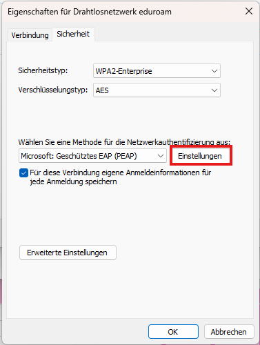 In dem Abschnitt Wahlen Sie eine Methode für die Netzwerkauthentifizierung aus gehen Sie bitte auf Einstellungen