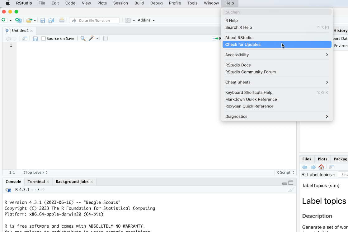 RStudio Menüeintrag Help, check for updates