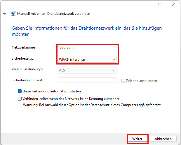 In dem sich nun öffnenden Fenster müssen wir die Informationen für das Drahtlosnetzwerk eingeben, diese lauten wie folgt:* Netzwerkname: eduroam* Sicherheitstyp: WPA2-Enterprise, mit Weiter bestätigen.