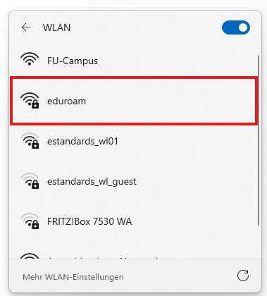 Wählen Sie nun aus der Liste der verfügbaren Netzwerke das Netzwerk eduroam aus durch einen Klick darauf