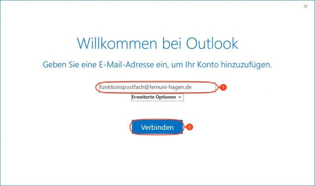 Tragen Sie hier die E-Mailadresse des Funktionspostfach im Format "funktionspostfach@fernuni-hagen.de" ein (1). Darauf hin "Verbinden" (2).
