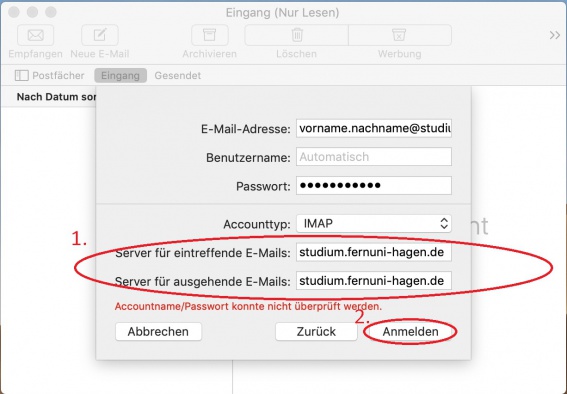 Im ersten Schritt wird der Mailserver für Studierende nicht gefunden, bitte ergänzen Sie die Serveradressen bei (1) durch "studium.fernuni-hagen.de" und Bestätigen Sie durch einen Klick auf "Anmelden" (2)