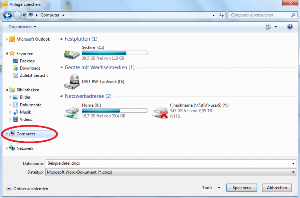 Hier muss nun der Punkt "Dieser PC" ausgewählt werden. Neben Ihren lokalen Festplatten steht Ihnen nun das X:- und Y:-Laufwerk zur Verfügung. Für Anlagen, die nur Sie benötigen nutzen Sie bitte das X:-Laufwerk. Wenn Ihr Arbeitsbereich Zugriff benötigt, verwenden Sie das Y:-Laufwerk.