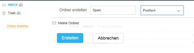 Die Spam Mails sollen in einem Ordner abgelegt werden, dieser muss zuerst erzeugt werden. dazu klickt man in der Menüleiste auf Ordner und anschließend auf Ordner erzeugen. Mit einem klick auf "Erstellen" wird der Ordner angelegt.
