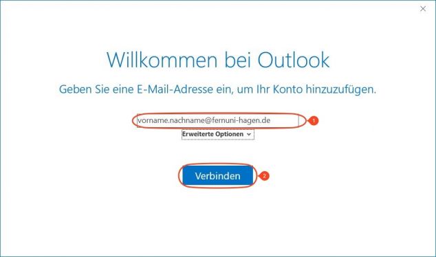 Tragen Sie hier Ihre E-Mailadresse im Format "vorname.nachname@fernuni-hagen.de" ein (1). Darauf hin "Verbinden" (2).