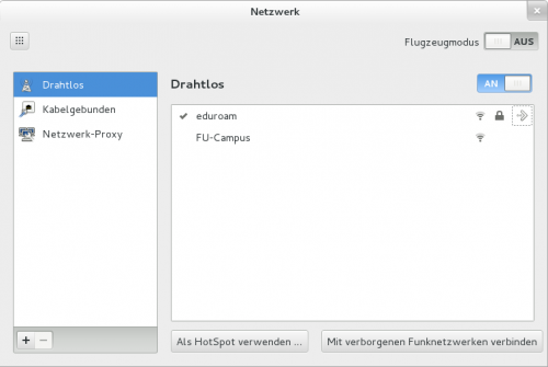 4. Der Haken bei "eduroam" gibt an, dass sich das System jetzt mit dem "eduroam"-Netzwerk verbunden hat. Der nach rechts zeigende Pfeil kann angeklickt werden, um nachträglich Konfigurationen am Profil zu ändern.