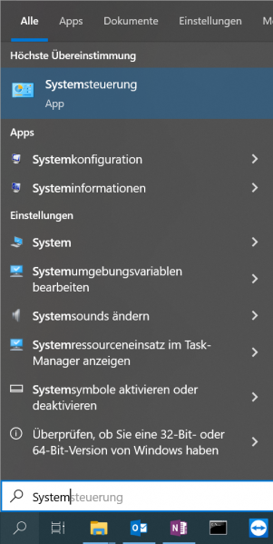 In der Lupe (neben dem Windowszeichen in der Taskleiste) nach Systemsteuerung suchen