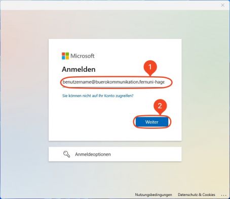 Um sich korrekt an dem Microsoftserver zu authentifizieren, muss der jeweilige persönliche/eigene M365 Account, in der Schreibweise benutzername@buerokommunikation.fernuni-hagen.de, eingetragen werden (1). Ein Klick auf "Weiter" (2) um zum nächsten Schritt zu gelangen. Bitte an dieser Stelle nicht die Daten des Funktionspostfaches benutzen.