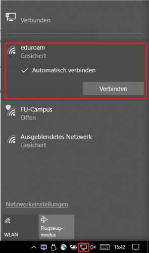 12. Wählen Sie nun Ihr Netzwerk-/WLAN-Symbol, danach auf eduroam und Verbinden.