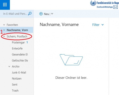 In der Hauptansicht sehen Sie nun im linkem Bereich unter Ihrem Postfach das eingebundene Postfach (1). (eventuell müssen Sie nach unten scrollen)