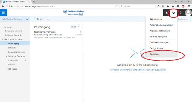 1. Klicken Sie oben rechts auf das Rädchen und wählen Sie Optionen aus.
