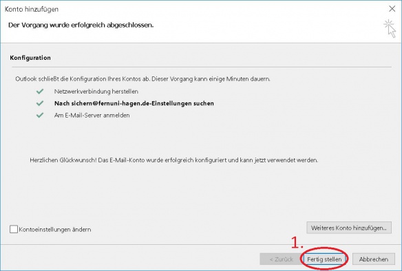 Sollte von Ihnen nun ein Kennwort gefordert werden, benutzen Sie bitte nicht! das Kennwort des Funktionspostfaches. Geben Sie bei "Benutzername" bitte "buerokommunik\benutzername" ein (benutzername bitte durch Ihre eigene Benutzeranmeldung ersetzen) und Ihr Kennwort. Nach erfolgreicher Einrichtung bestätigen Sie dieses Postfach durch den Button "Fertigstellen" (1)