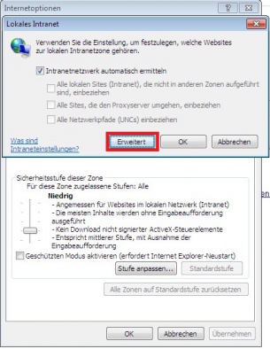 Es öffnet sich ein weiteres Fenster, in dem Sie einstellen können, welche Websites zur lokalen Intranetzone gehören. Hier klicken sie bitte auf Erweitert