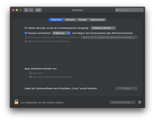 Damit die Systemsoftware geladen werden kann, muss zunächst das Schloss unten links geöffnet werden. Daraufhin wählen Sie bitte "Erlauben" aus.