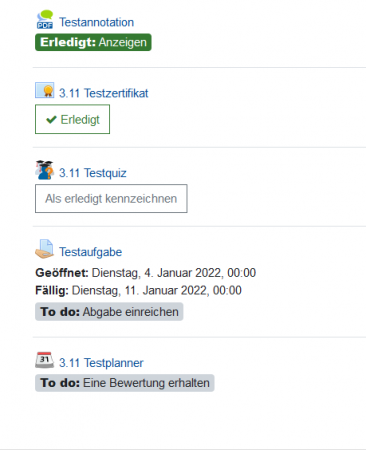 Screenshot der verschiedenen Varianten wie der Abschluss einer Aktivität angezeigt werden kann bevor oder nachdem er erfüllt wurde