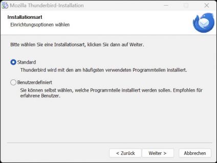 Lassen Sie „Standard“ als ausgewählt und bestätigen Sie dies mit „Weiter“.