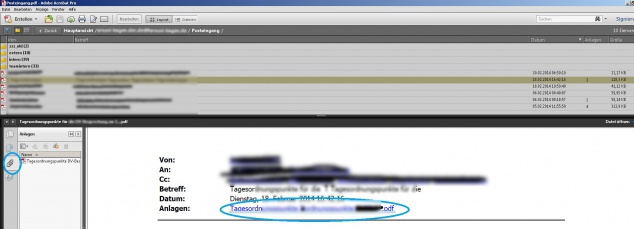 Die Anlage einer Mail erreichen Sie, indem Sie die Mail durch Klicken auswählen und dann entweder links über das Büroklammersymbol oder unter dem Link hinter dem Text "Anlagen" (Blau umrandet) die gewünschte Anlage auswählen. Die Anlagen selbst sind im PDF enthalten und sind somit Bestandteil Ihres Exportes.
