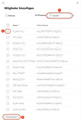 Um ein Mitglied hinzuzufügen, wählen Sie aus der untenstehenden Liste den gewünschten Namen aus. Alternativ über die Suche (1) den Namen eingeben und dann in dem Abschnitt darunter auswählen (2). Mit Hinzufügen (3) bestätigen.