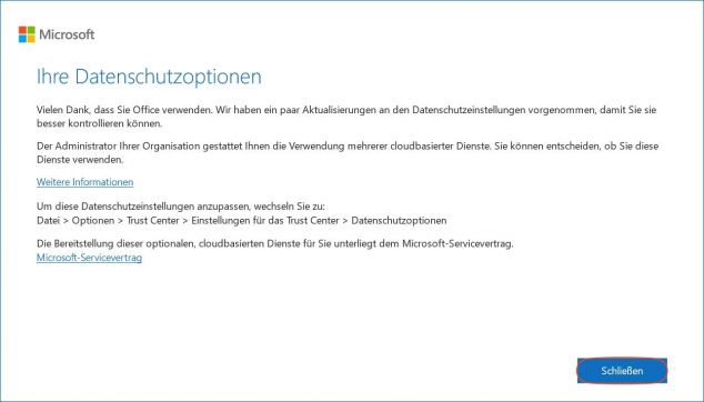 Hinweis der Datenschutzeinstellungen können mit "Schließen" geschlossen werden.
