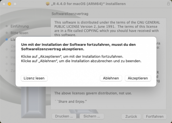Softwarelizenzvertrag akzeptieren, um R zu installieren