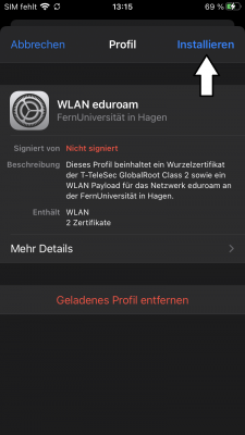 Das eduroam Profil öffnet sich und Sie haben nun die Möglichkeit sich mehr Details anzeigen zu lassen - fahren Sie mit der Installation fort.