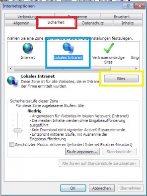 Es öffnet sich ein weiteres Fenster, in dem Sie den Reiter Sicherheit anklicken. Nun die Zone Lokales Intranet auswählen. Hiernach auf den Button Sites klicken.