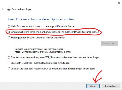 5. Wählen Sie "Einen Drucker im Verzeichnis anhand des Standorts oder der Druckerfunktion suchen", anschließend klicken Sie auf "Weiter"