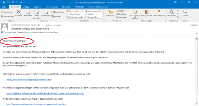 Nun können Sie beispielsweise den neuen Pfad im Netzlaufwerk angeben. Beim Schließen der E-Mail sollten Sie diese speichern.