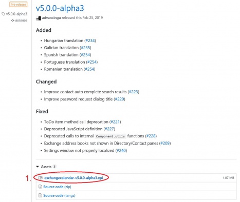 Bitte laden Sie von der Seite https://github.com/ExchangeCalendar/exchangecalendar/releases den letzten Release des ExchangeKalender Add-Ons herunter. Dabei benötigen Sie die *.xpi-Datei (1)