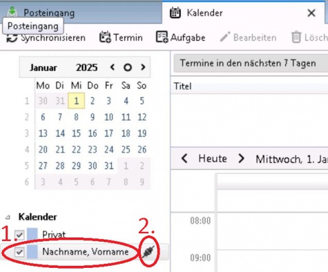 Unter Ihrem Standartordner sollte nun ein Kalender mit Ihren "Nachnamen, Vornamen" vorhanden sein. (1)