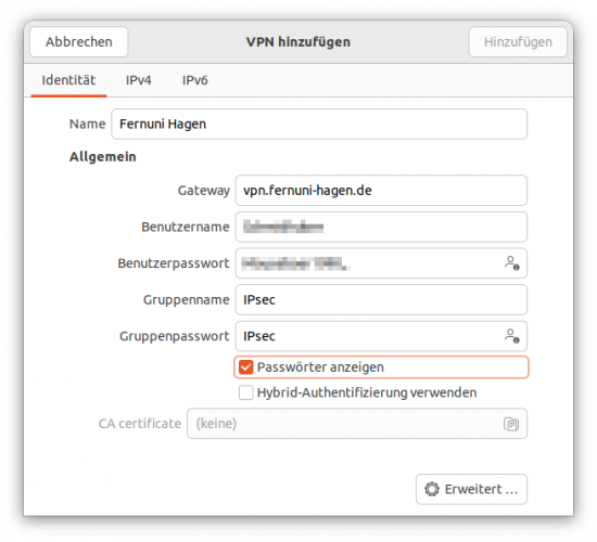 Zugangsdaten für die VPN-Verbindung zur FernUniversität Hagen