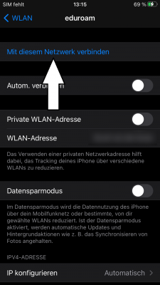 Nun wählen Sie den Punkt "Mit diesem Netzwerk verbinden" aus, um Ihre Anmeldeinformationen einzutragen.