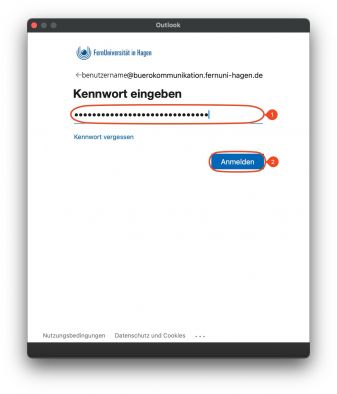Durch die SSO-Anbindung wird in diesem Schritt das Kennwort des Fernuni-Benutzeraccounts eingetragen (1). Mit "Anmelden" (2) bestätigen.