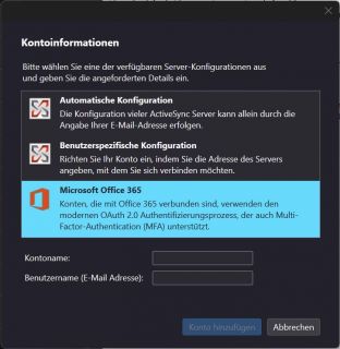 Wählen Sie im neu geöffneten Fenster „Microsoft Office 365“ aus. Unter „Kontoname“ geben Sie Ihren Namen ein und unter „Benutzername (E-Mail Adresse)" Ihren Benutzernamen@buerokommunikation.fernuni-hagen.de und klicken auf Konto hinzufügen.