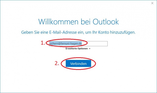Ersetzen Sie "sichern" (1) durch die Ihnen mitgeteilte e-Mail-Adresse Wählen Sie den Button "Verbinden" (2)