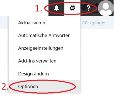 (1) Nach anmeldung an Outlook Web App (OWA) siehe #Zugriff_.2F_Aufruf, können Sie mit einem einfachem linksklick im oberen rechten Bereich auf das Zahnradsymbol (1) die Einstellungen erweitern. Danach können Sie mit einem einfachem linksklick auf (2) Optionen zu Ihrer Optionsseite wechseln.