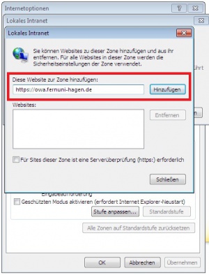 Im folgenden Fenster können Sie die Webseite zur Zone hinzufügen. Hierzu geben sie bitte die URL des Artikels Outlook_Web_App_(OWA)#Zugriff / Aufruf ein und bestätigen alles mit ok.