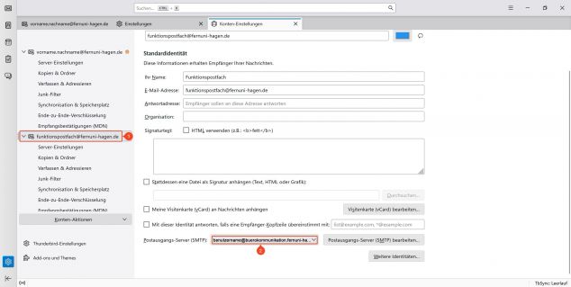 Abschliessend müssen Sie in den Konten-Einstellungen das neu hinzugefügte Funktionspostfach (1) auswählen und den Postausgangs-Server (SMTP) auf ihre Benutzerkennung (2) ändern.