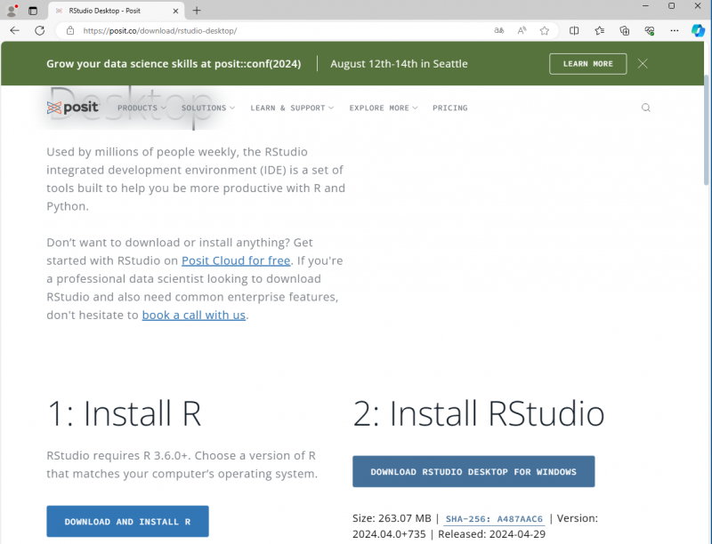 Webseite Posit, um RStudio herunterzuladen