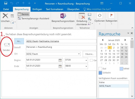 Schritt 5: Sie können im rechten Bereich die Frei- bzw. Gebucht-Zeiten der Teilnehmer und des Raumes sehen und gegebenenfalls anpassen. Nachdem Sie alle Angaben im Termin geprüft haben, klicken Sie auf den Button "Senden" (1).