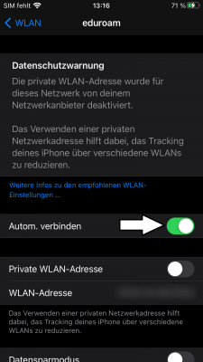 Zum Abschluss empfehlen wir Ihnen noch die Option "Automatisches Verbinden" mit dem Netzwerk zu aktivieren. Die Einrichtung des eduroam ist somit abgeschlossen.