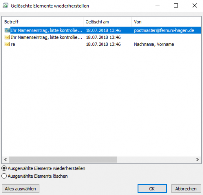 Sie erhalten eine Liste aller gelöschten Elemente der letzten Tage. Sie können nun eine oder gleich mehrere Elemente auswählen; dazu nutzen Sie die "STRG" oder "Umschalttaste" in Kombination mit einem Linksklick auf 2 Unterschiedliche Elemente. Bestätigen Sie Ihre Wiederherstellung durch den Button "OK".