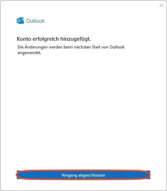 Konto erfolgreich hinzugefügt. Mit "Vorgang abgeschlossen" das Fenster schließen.