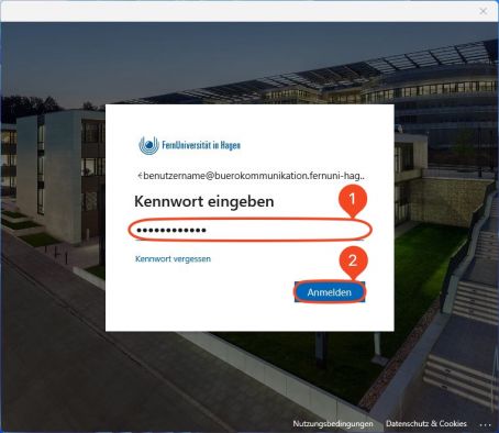 Durch die SSO-Anbindung wird in diesem Schritt das Kennwort des Fernuni-Benutzeraccounts eingetragen (1). Mit "Anmelden" (2) bestätigen.