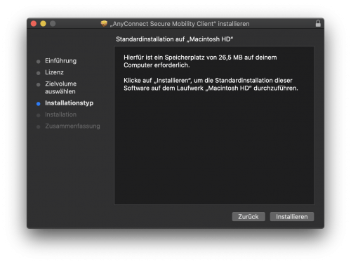 Es wird von der Software der benötigte Speicherplatz berechnet. Wählen Sie "Installieren" aus.