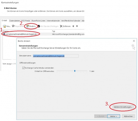 Wählen Sie in dem nun angezeigten Fenster im Reiter "E-Mail" Ihr Exchange Konto aus (1) und klicken auf "Ändern" (2) Klicken Sie in dem nun geöffneten Fenster "Konto ändern" auf "Weitere Einstellungen" (3)