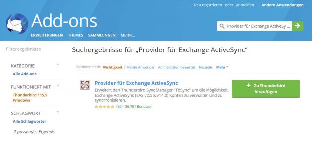 Suchen Sie im nächsten Schritt nach „Provider für Exchange ActiveSync“ und klicken Sie auf „Zu Thunderbird hinzufügen.
