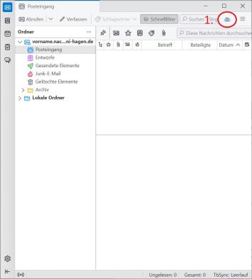 Klicken Sie in der Hauptansicht rechts oben auf den (1) Button mit der Wolke, um in die "TbSync Kontoverwaltung" zu gelangen.