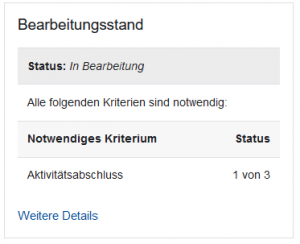 Screenshot des Blocks "Bearbeitungsstand" mit den Feldern Status, notwendiges Kriterium und dem Link zu weiteren Details